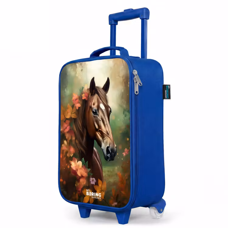 Bruin paard tussen de bloemen Kinderkoffer - Blauw klein -productfoto_schuin