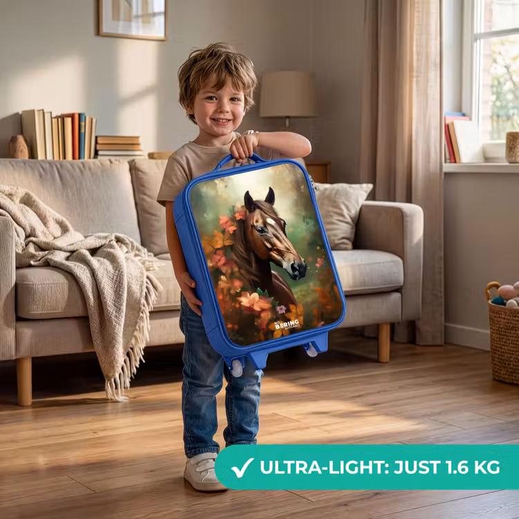 Bruin paard tussen de bloemen Kinderkoffer - Blauw klein -sfeer2_EN
