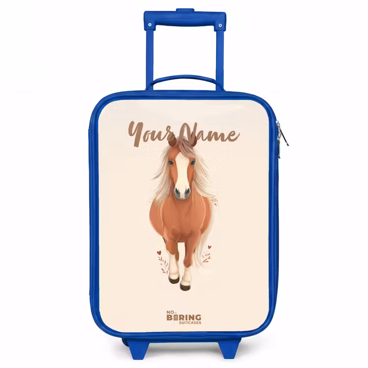 Bruin paard in gallop Kinderkoffer - Blauw klein -3d