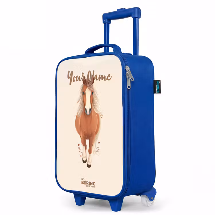 Bruin paard in gallop Kinderkoffer - Blauw klein -productfoto_schuin