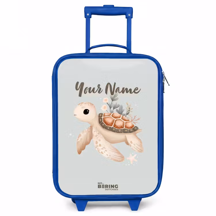 Bruine zeeschildpad in pastel onderwaterwereld Kinderkoffer - Blauw klein -3d