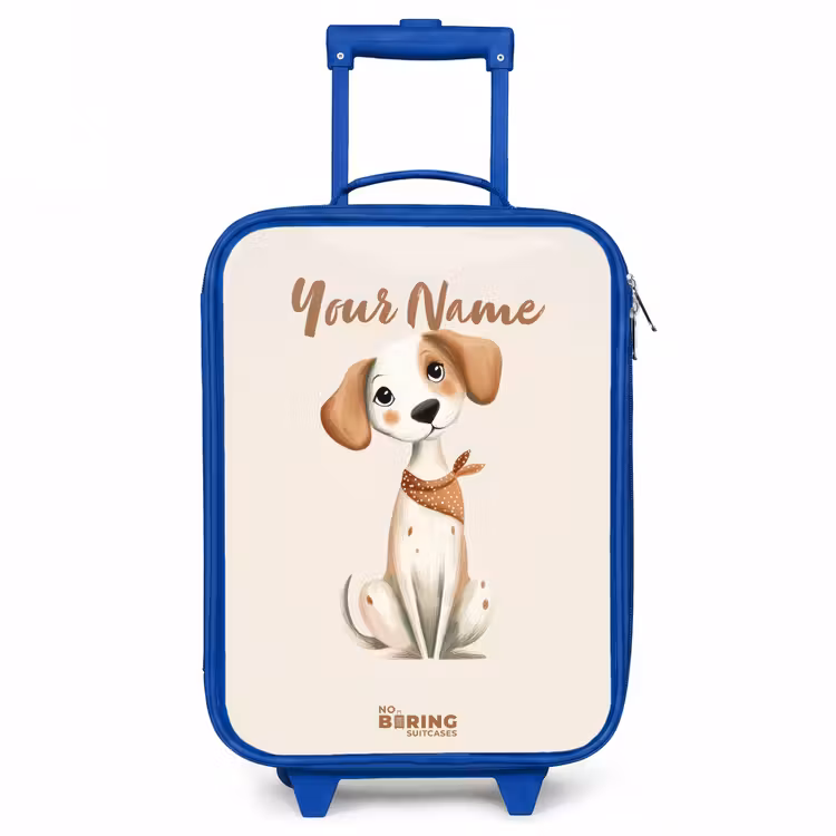 Bruin gevlekte pup op een beige achtergrond Kinderkoffer - Blauw klein -3d