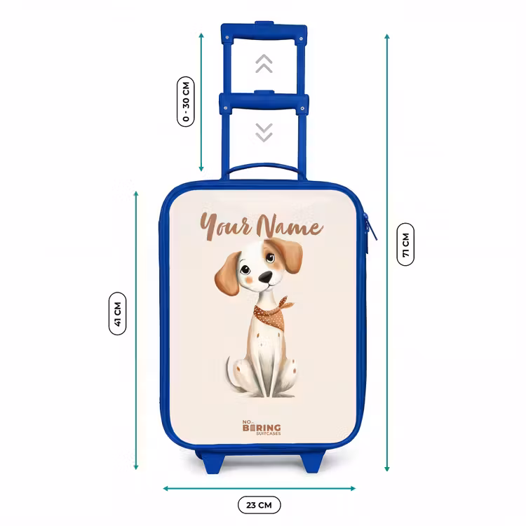 Bruin gevlekte pup op een beige achtergrond Kinderkoffer - Blauw klein -productfoto_formaten