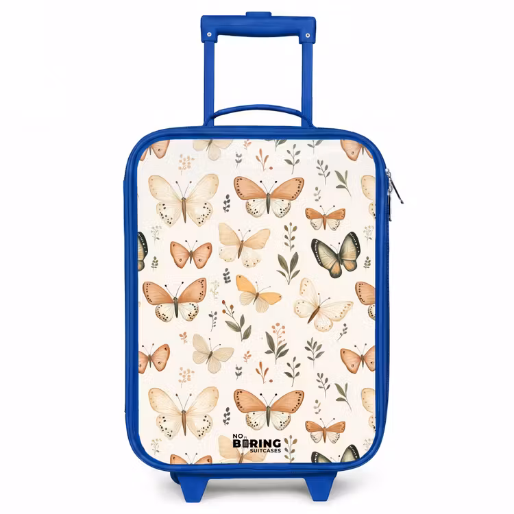 Vlinders in beige en oranjetinten tussen groene blaadjes Kinderkoffer - Blauw klein -3d