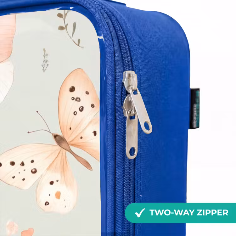 Vlinder patroon in zachte oranje en rode tinten Kinderkoffer - Blauw klein -rits_EN