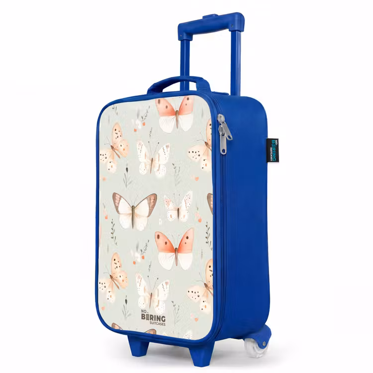 Vlinder patroon in zachte oranje en rode tinten Kinderkoffer - Blauw klein -productfoto_schuin