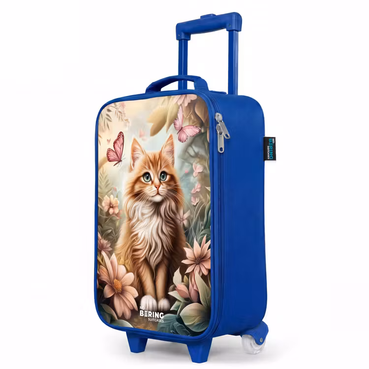 Kat in bloemenveld met roze vlinders. Kinderkoffer - Blauw klein -productfoto_schuin