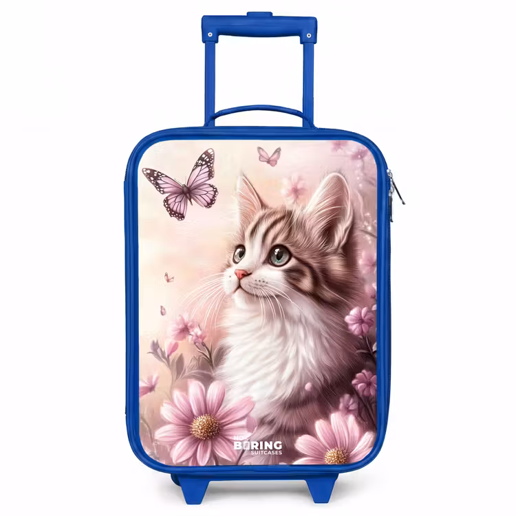 Kat - Paars - Vlinders - Bloemen Kinderkoffer - Blauw klein -3d