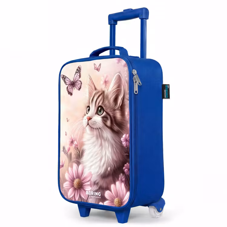 Kat - Paars - Vlinders - Bloemen Kinderkoffer - Blauw klein -productfoto_schuin