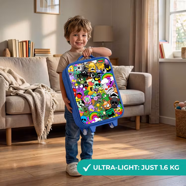 Chaotisch kleurrijk monster patroon Kinderkoffer - Blauw klein -sfeer2_EN