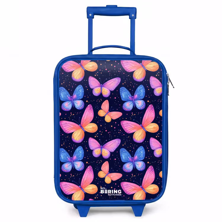 Kleurrijke vlinders in roze en blauw Kinderkoffer - Blauw klein -3d