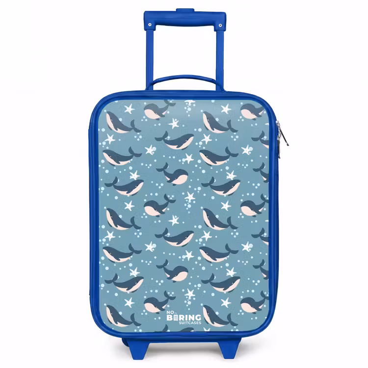 Donkerblauw walvissenpatroon met zeesterren Kinderkoffer - Blauw klein -3d