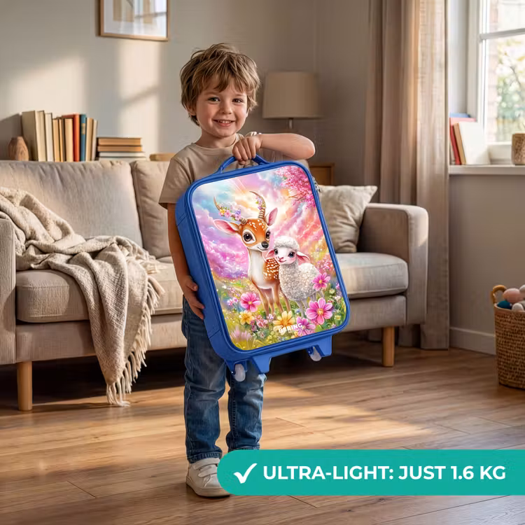 Hertje met een lammetje in pastelbloemenveld Kinderkoffer - Blauw klein -sfeer2_EN