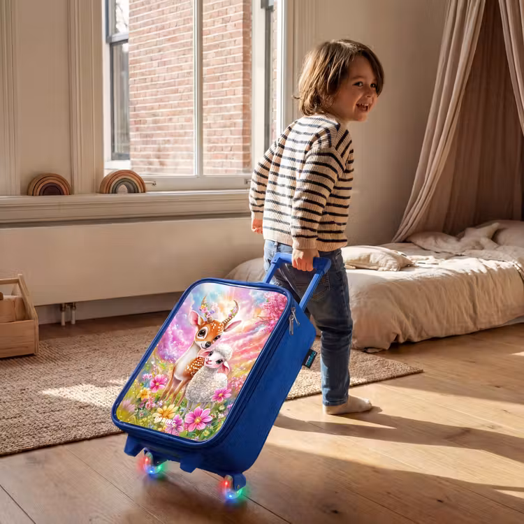 Hertje met een lammetje in pastelbloemenveld Kinderkoffer - Blauw klein -sfeer1