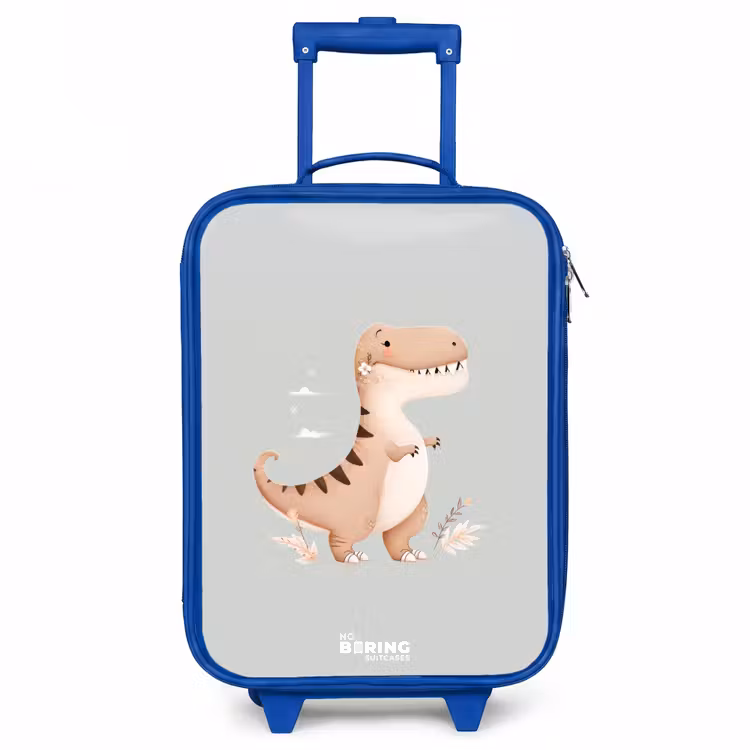 Dino in beige en grijze kleuren Kinderkoffer - Blauw klein -3d