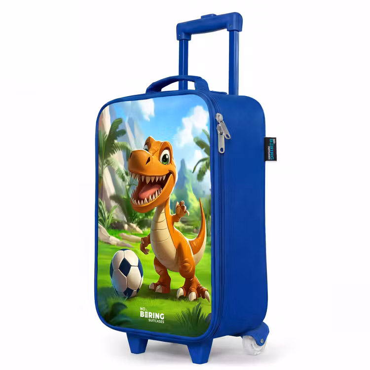 Dino met een voetbal in groen landschap Kinderkoffer - Blauw klein -productfoto_schuin