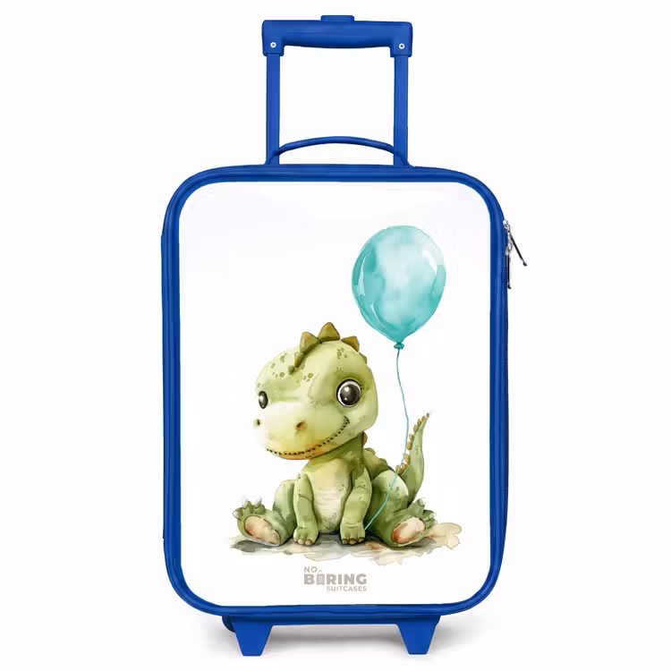 Dino met blauwe ballon Kinderkoffer - Blauw klein -3d