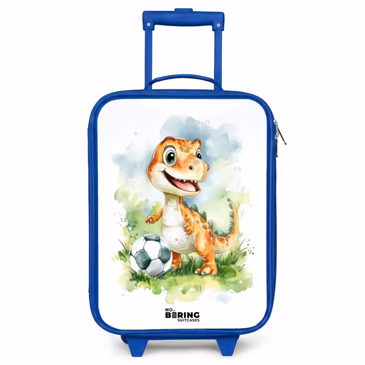 Dino met voetbal in kleurrijk veld Kinderkoffer - Blauw klein -3d