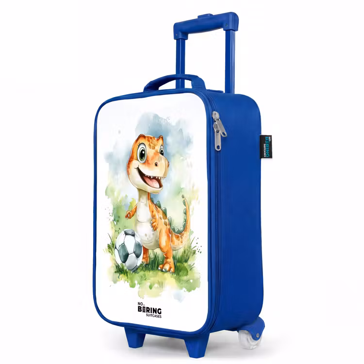 Dino met voetbal in kleurrijk veld Kinderkoffer - Blauw klein -productfoto_schuin