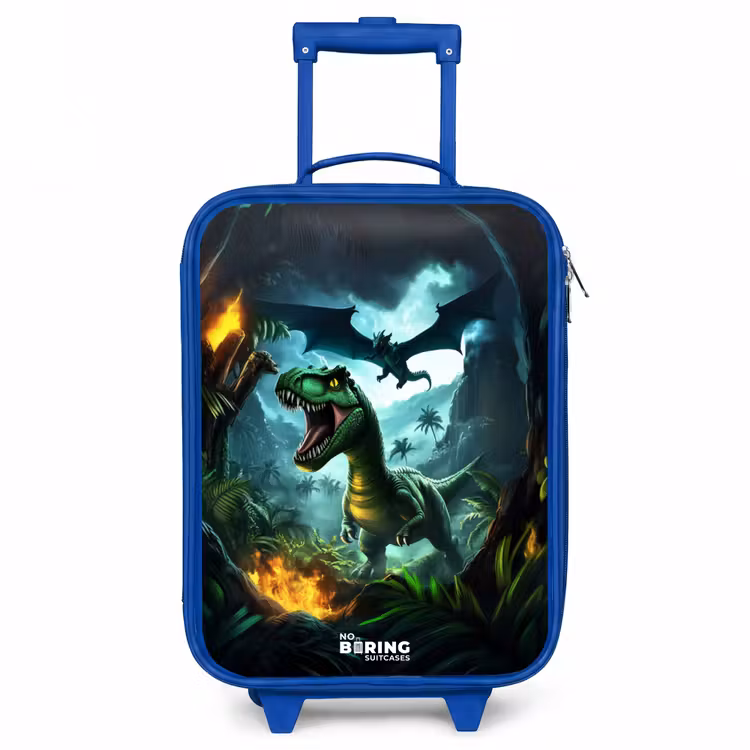 Dinosaurus en draak in vurige junglevallei Kinderkoffer - Blauw klein -3d