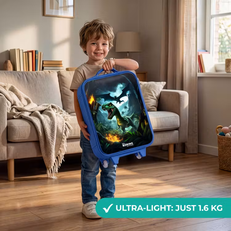 Dinosaurus en draak in vurige junglevallei Kinderkoffer - Blauw klein -sfeer2_EN