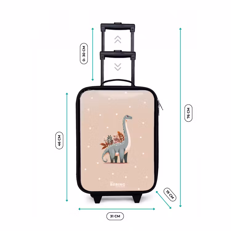 Blauwe dinosaurus op een beige stippenachtergrond Kinderkoffer - Zwart klein -productfoto_formaten