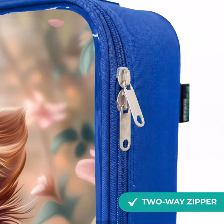 Hond in bloemenveld met vlinders Kinderkoffer - Blauw klein -rits_EN