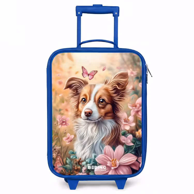 Hond in bloemenveld met vlinders Kinderkoffer - Blauw klein -3d