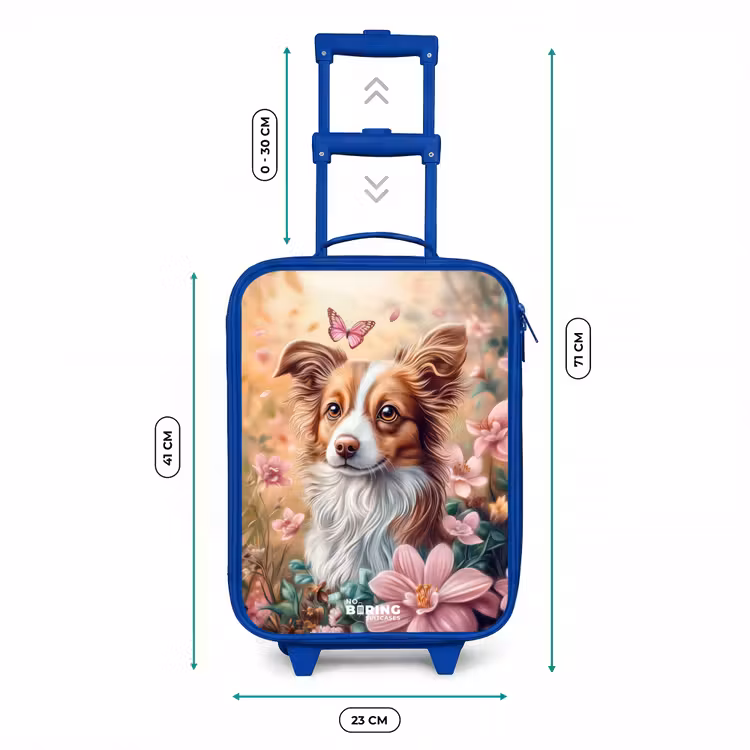 Hond in bloemenveld met vlinders Kinderkoffer - Blauw klein -productfoto_formaten