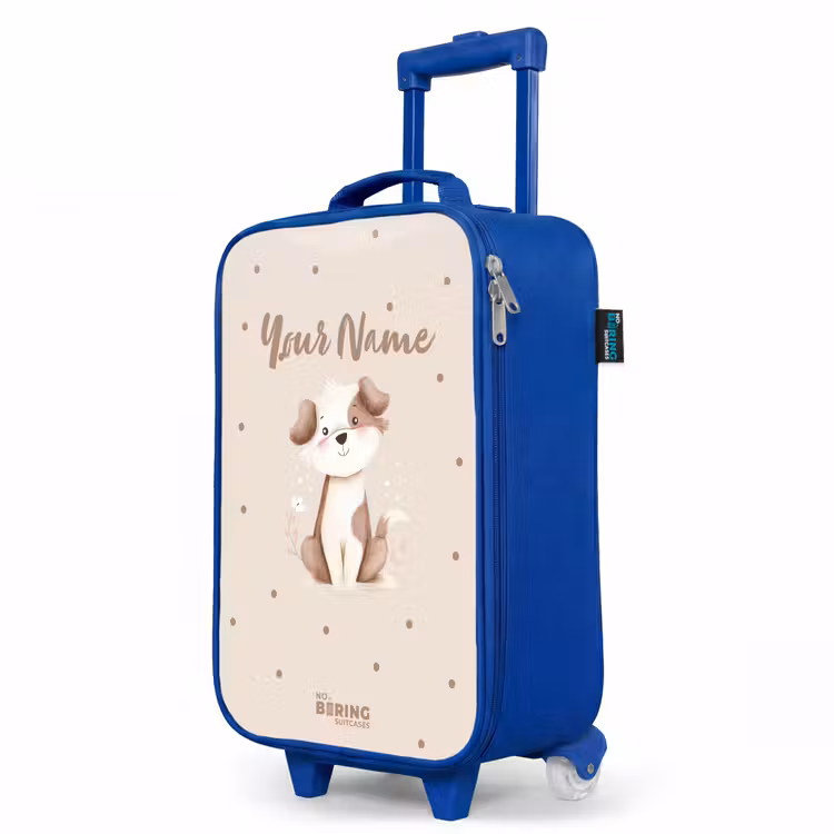 Honden pup omringd door bruine stippen Kinderkoffer - Blauw klein -productfoto_schuin