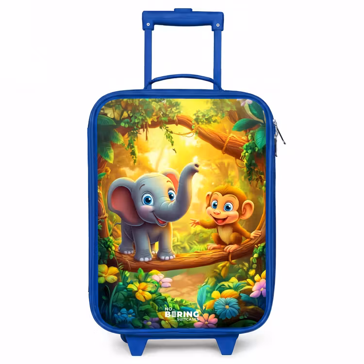 Olifant en aapje in kleurrijke jungle Kinderkoffer - Blauw klein -3d