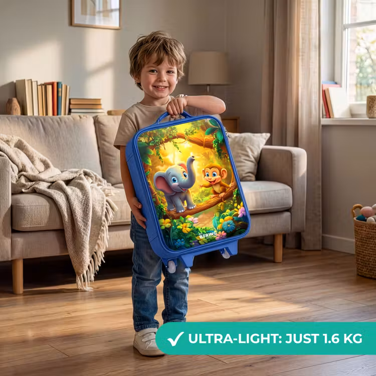 Olifant en aapje in kleurrijke jungle Kinderkoffer - Blauw klein -sfeer2_EN