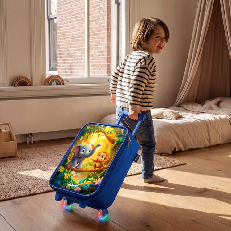 Olifant en aapje in kleurrijke jungle Kinderkoffer - Blauw klein -sfeer1