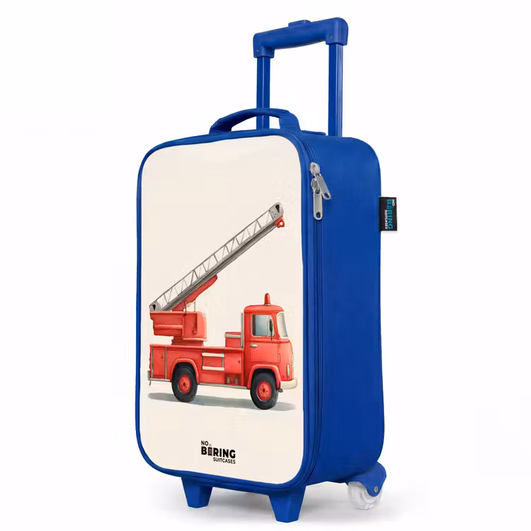 Brandweerwagen - Getekend - Rood Kinderkoffer - Blauw klein -productfoto_schuin