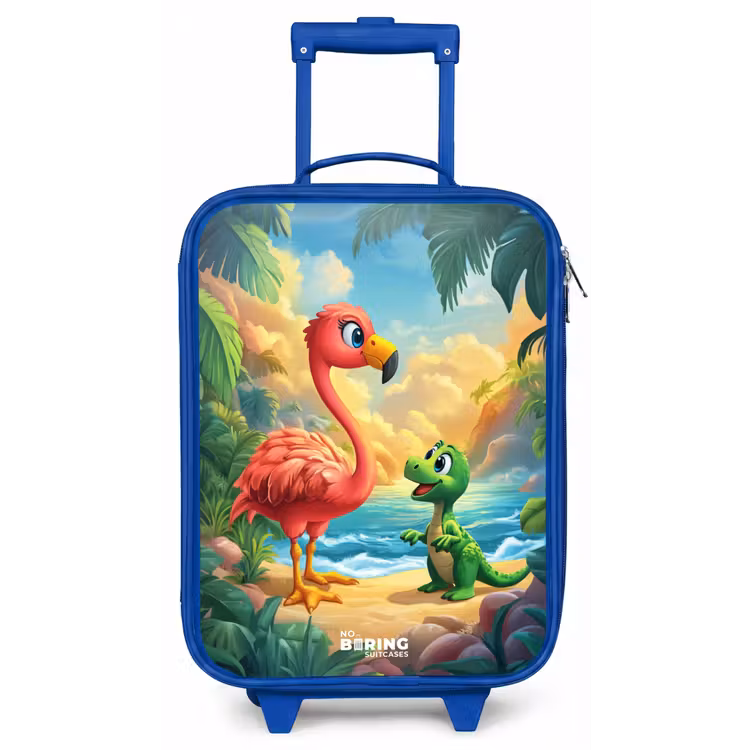 Flamingo en dinosaurus op strand bij ondergaande zon Kinderkoffer - Blauw klein -zz3dotto