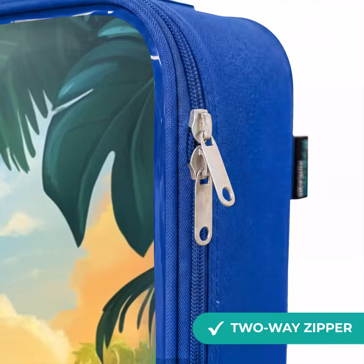 Flamingo en dinosaurus op strand bij ondergaande zon Kinderkoffer - Blauw klein -rits_EN