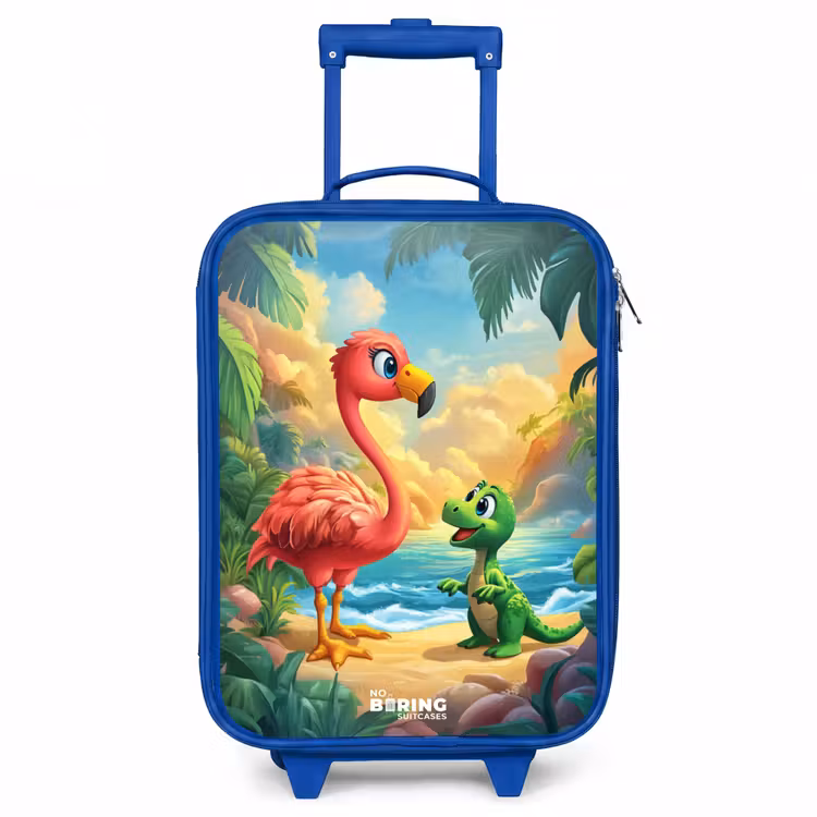 Flamingo en dinosaurus op strand bij ondergaande zon Kinderkoffer - Blauw klein -3d