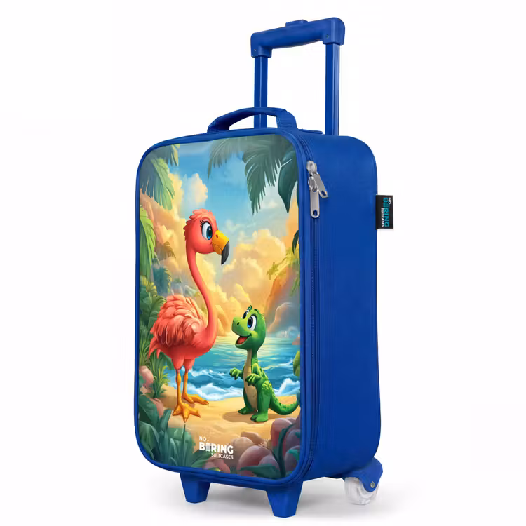 Flamingo en dinosaurus op strand bij ondergaande zon Kinderkoffer - Blauw klein -productfoto_schuin