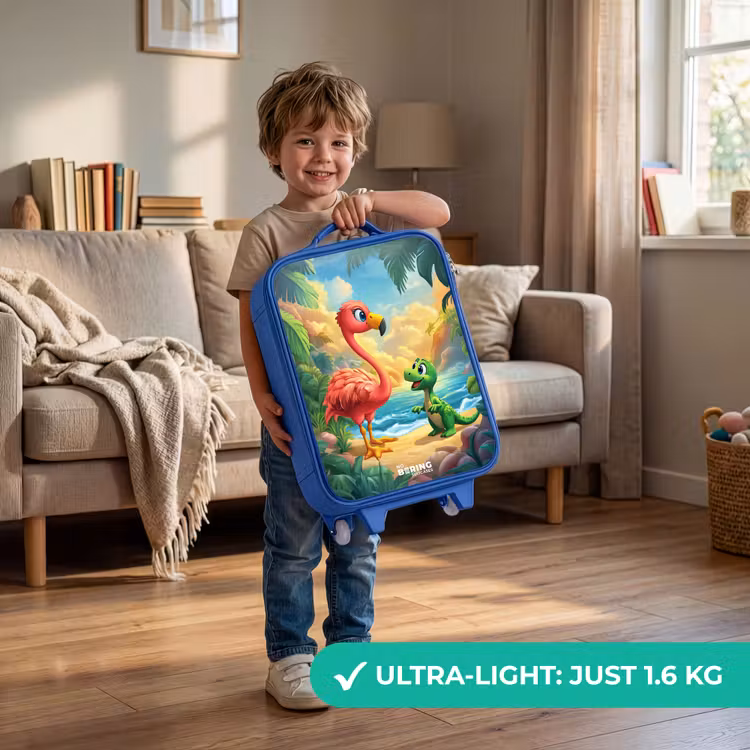 Flamingo en dinosaurus op strand bij ondergaande zon Kinderkoffer - Blauw klein -sfeer2_EN
