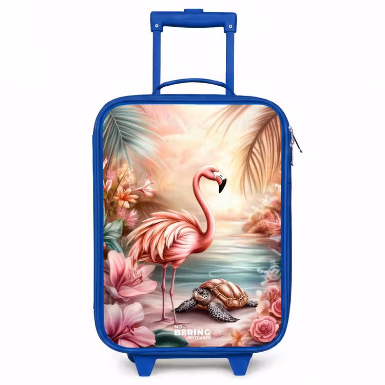 Flamingo en schildpad op een roze strand. Kinderkoffer - Blauw klein -3d