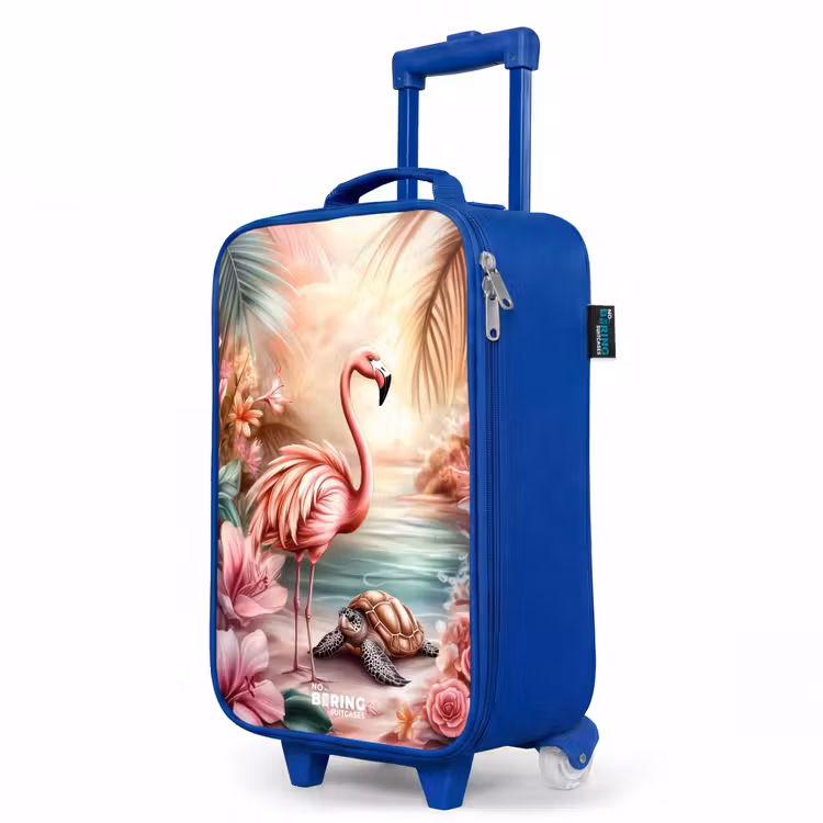 Flamingo en schildpad op een roze strand. Kinderkoffer - Blauw klein -productfoto_schuin