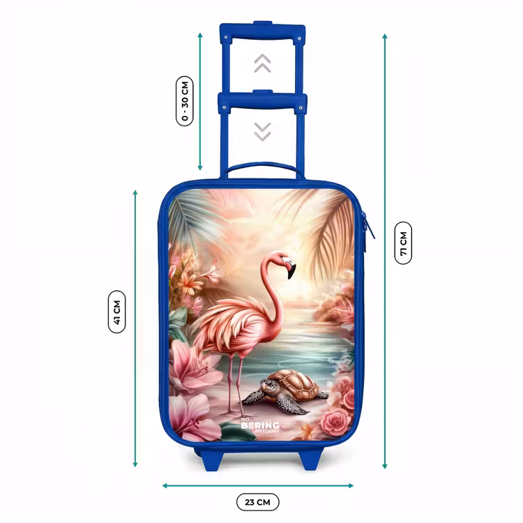Flamingo en schildpad op een roze strand. Kinderkoffer - Blauw klein -productfoto_formaten