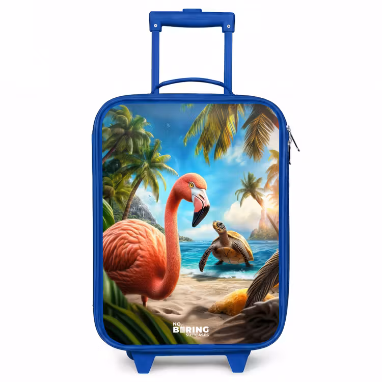 Flamingo en schildpad op tropisch strand Kinderkoffer - Blauw klein -3d