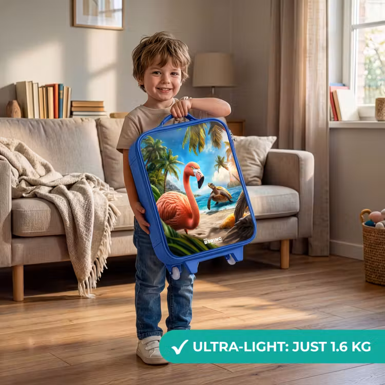Flamingo en schildpad op tropisch strand Kinderkoffer - Blauw klein -sfeer2_EN