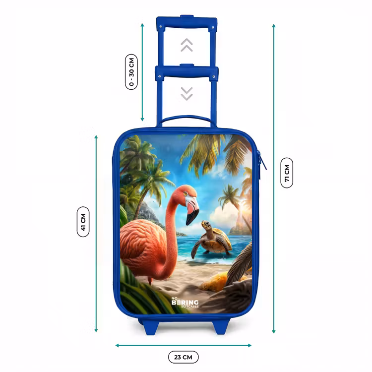 Flamingo en schildpad op tropisch strand Kinderkoffer - Blauw klein -productfoto_formaten