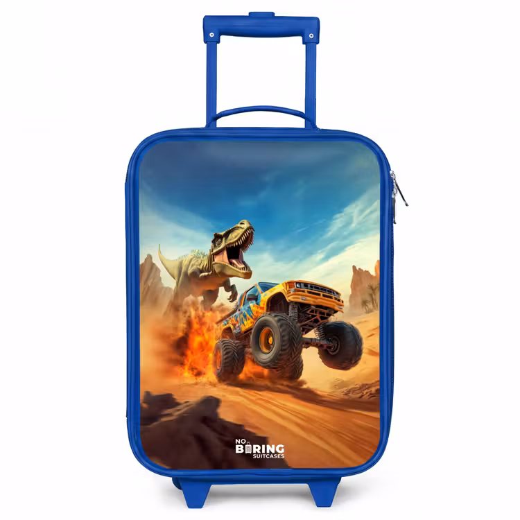 Vluchtende truck voor T-Rex in vurige woestijn Kinderkoffer - Blauw klein -3d