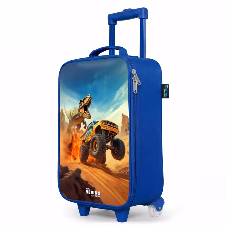 Vluchtende truck voor T-Rex in vurige woestijn Kinderkoffer - Blauw klein -productfoto_schuin