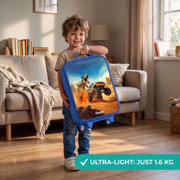 Vluchtende truck voor T-Rex in vurige woestijn Kinderkoffer - Blauw klein -sfeer2_EN