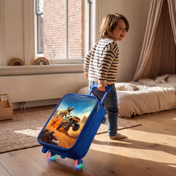 Vluchtende truck voor T-Rex in vurige woestijn Kinderkoffer - Blauw klein -sfeer1