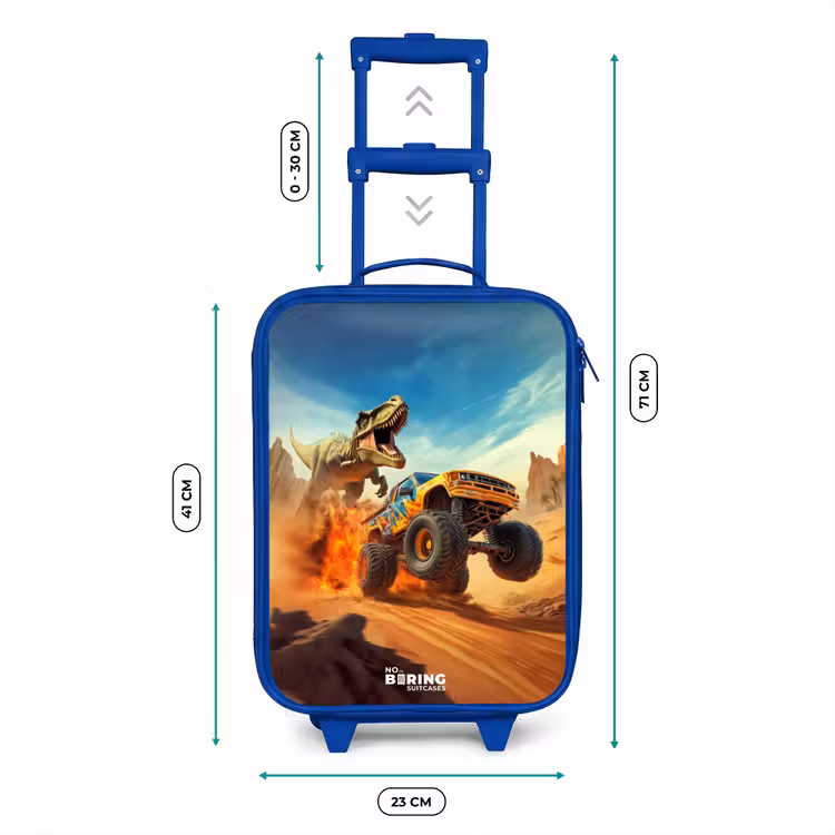 Vluchtende truck voor T-Rex in vurige woestijn Kinderkoffer - Blauw klein -productfoto_formaten